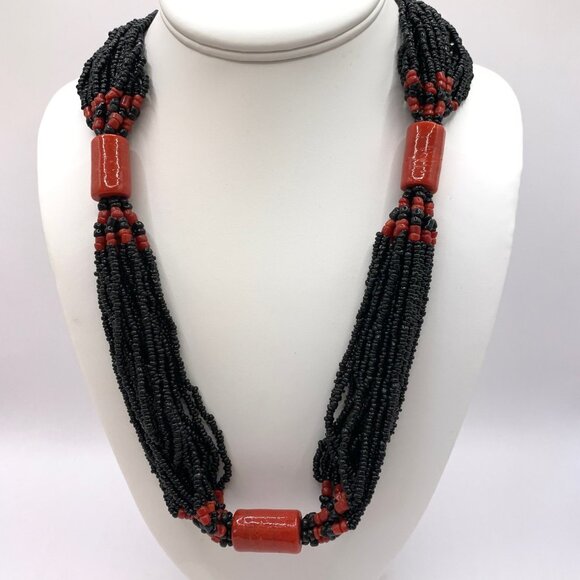 Antique Native American Black Seed Bead Coral 36" Multistrand Necklace J772 - Picture 1 of 7